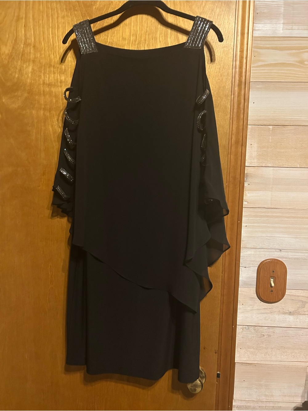 Black Cold-Shoulder Midi Dress with Beaded Straps